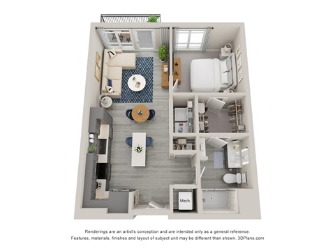 Floor plan for 1 bed, 1 bath, 693 sqft